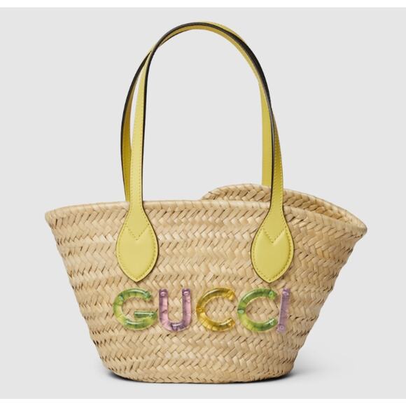 GUCCI Logo Basket Straw Tote Bag with  Leather Yellow NWT #SUMMERBAG - Picture 1 of 2